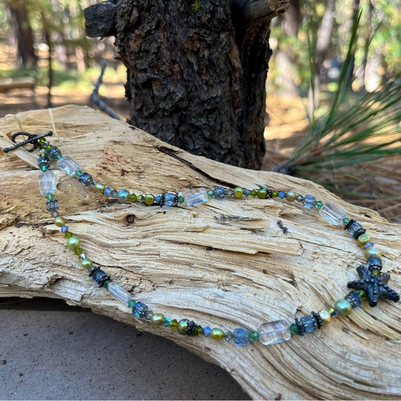 Artisan Starfish Necklace Glass, Iridescent, Metal Blues & Greens - Picture 2 of 4
